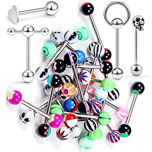 14G Silver/Rose-Gold/Rainbow Tongue Rings Piercing Jewelry for Women Men Work Surgical Steel Metal Tounge Barbell Acrylic Balls Set 29pcs - color: Silver-Tone