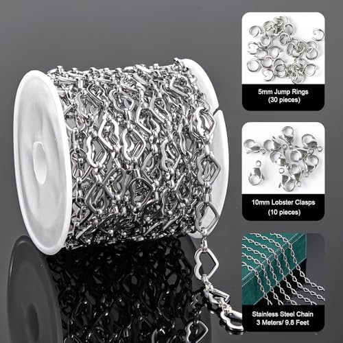 UMAOKANG 3 Meters Heart Chain for Jewelry Making Stainless Steel Chain Roll with Jewelry Supplies Findings Women Necklace Bracelet DIY - color: Heart Silver