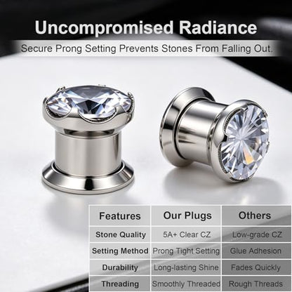 ZS 316L Stainless Steel Screw-Fit Ear Tunnel AAA+ Cubic Zirconia Ear Gauges | External Threaded Flesh Tunnels Plugs Ear Expander Stretcher Piercing Jewelry for Women Men - color: Silver, size: 4g(5mm)