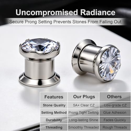 ZS 316L Stainless Steel Screw-Fit Ear Tunnel AAA+ Cubic Zirconia Ear Gauges | External Threaded Flesh Tunnels Plugs Ear Expander Stretcher Piercing Jewelry for Women Men - color: Black, size: 0g(8mm)