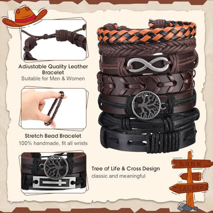 Equsion 50 Pcs Braided Leather Bracelets for Men Women Wrap Wooden Bead Cuff Bracelet Hemp Cords Ethnic Tribal Handmade Wrap Wristband Bracelets Set Adjustable for Personal Wearing