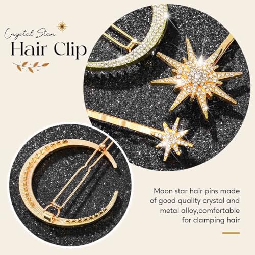 BARTOSI Moon Star Hair Clips Gold Stars Hair pins Crystal Celestial Hair Accessories for Women and Girls (Pack of 3) - color: Gold-Rhinestone