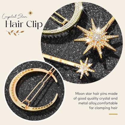 BARTOSI Moon Star Hair Clips Gold Stars Hair pins Crystal Celestial Hair Accessories for Women and Girls (Pack of 3) - color: Gold-Rhinestone