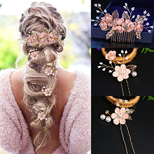5 Pieces Bridal Flower Wedding Hair Pins Crystal Pearl Hair Combs Clips Headpiece Gold Wedding Hair Accessories Jewelry with Rhinestone for Brides Bridesmaids Women Girls Updo (Cherry Blossoms Pink) - color: Flourish Flowers Series&Cherry Blossoms Pink