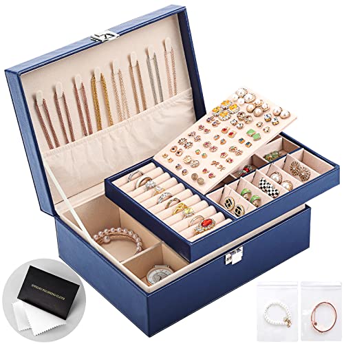 Jewelry Organizer Box PU Leather Jewelry Box for Girls Womens Earring Organizer Boxes 2 Layer Large Jewelry Storage Case Removable Tray for Necklace Earring Ring with Polishing Cloth and Jewelry Bags - color: Royal blue
