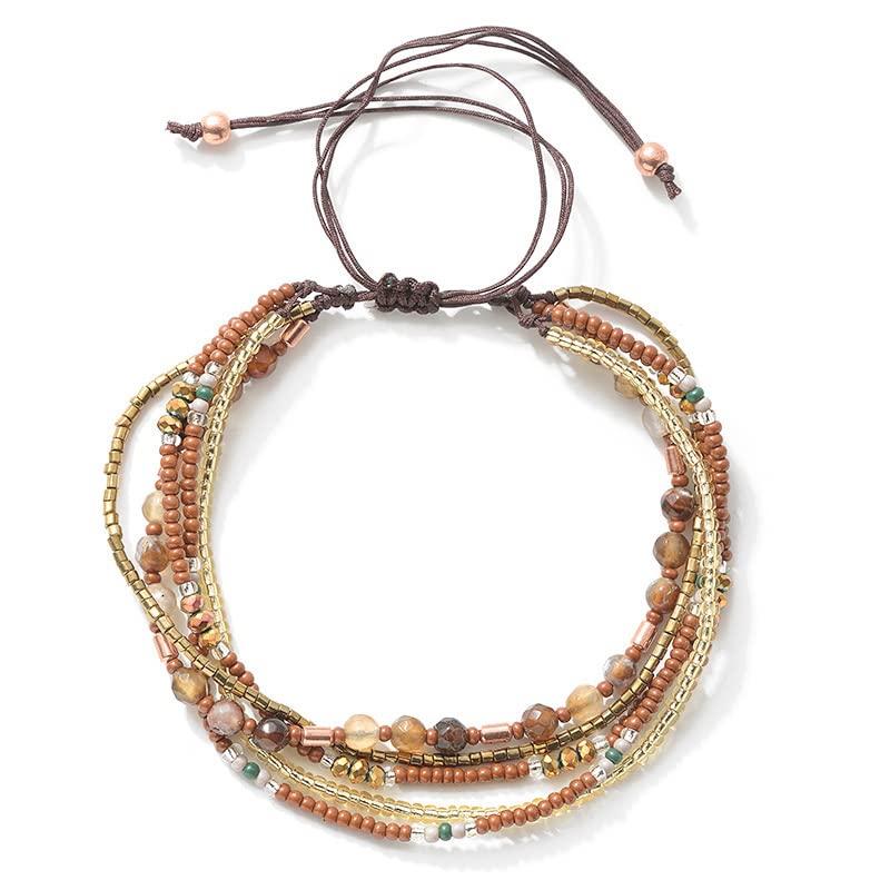 Boho Braided Beaded Ankle Bracelets Handmade Adjustable Beach Wrap Bracelet Draw String Anklets Bracelets Gifts for Women - color: Brown