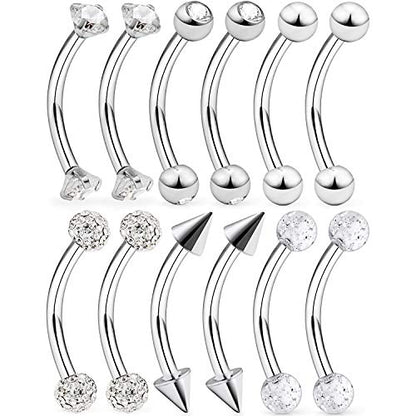 6-12 Pcs 16G Stainless Steel Eyebrow Piercing Rings Clear CZ Curved Barbell Helix Daith Piercing Body Jewelry for Women Men - style: 12pcs silver-tone
