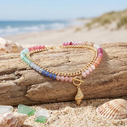 Colorful Acrylic Beaded Necklace For Women, Boho Double Layer Rainbow Beads Thick Cuban Chain Chunky Heart Pendant Statement Choker Summer Beach Jewelry Gift - color: Colorful Gold Conch