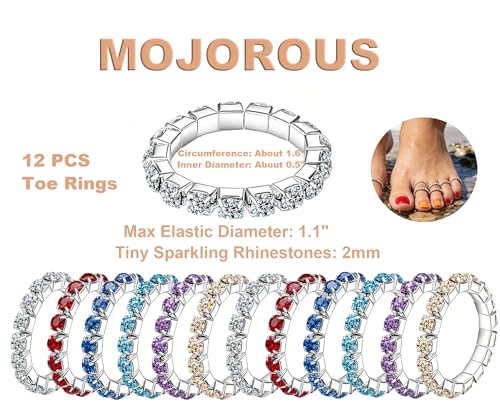 12Pcs Toe Rings for Women Non Tarnish Rhinestones Toe Rings Set Adjustable Stackable Summer Beach Foot Jewelry - color: Colorful