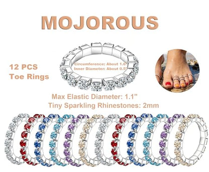 12Pcs Toe Rings for Women Non Tarnish Rhinestones Toe Rings Set Adjustable Stackable Summer Beach Foot Jewelry - color: Colorful