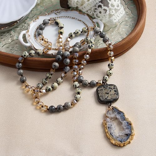Yomisa Long Necklaces for Women Trendy, 33/34/35 inch | Boho Beaded Necklaces for Women, Natural Stone Pendant, Handmade Knotted Bead, Bohemian Holiday Summer Western Charm Jewelry - color: 34inch-Dalmatian Stone