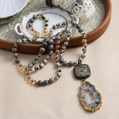 Yomisa Long Necklaces for Women Trendy, 33/34/35 inch | Boho Beaded Necklaces for Women, Natural Stone Pendant, Handmade Knotted Bead, Bohemian Holiday Summer Western Charm Jewelry - color: 34inch-Dalmatian Stone