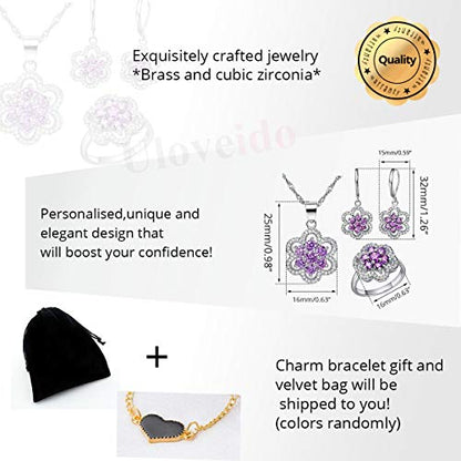Uloveido Women's Platinum Plated Cubic Zirconia Flower Pendant Necklace Hoop Earrings and Rings Set Crystal Wedding Jewelry T489 - color: Purple