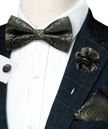 JEMYGINS Mens Paisley Bow Tie and Lapel Pin Necktie Pocket Square and Tie Clip with Sets for Business Casual 4PCS - color: Olive Green