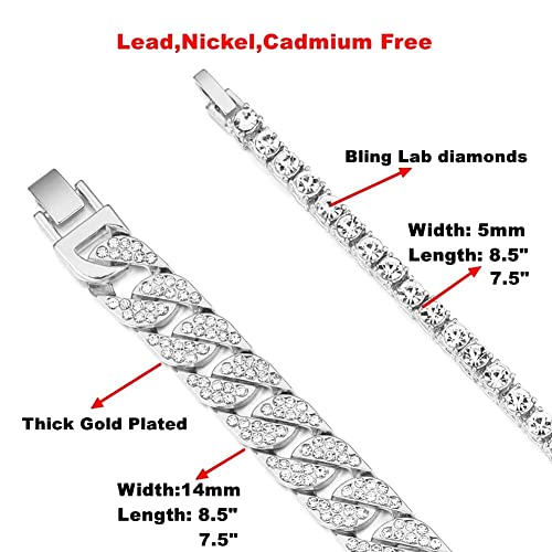 HH BLING EMPIRE 14K Gold and Silver Bracelets Diamond Tennis and Cuban Link Bracelet for Men Women Hip Hop Jewelry - color: Set B-Silver, size: 8.5"