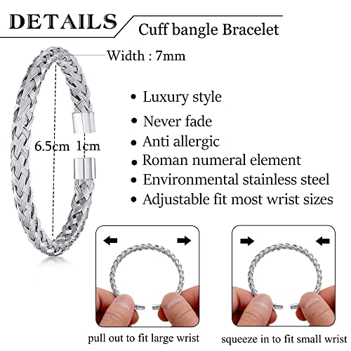 WFYOU 3PCS Stainless Steel Imperial Crown Bracelets for Men Gold Roman Numeral Bangle Bracelet Adjustable Cuff Bracelet Mens Luxury Jewelry Gifts - style: 09:Silver- Square