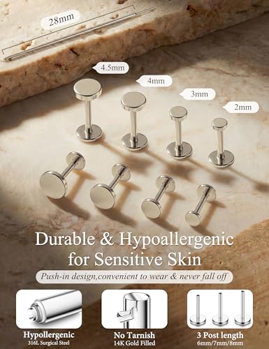 YADOCA Threadless Flat Back Earrings Gold Nose Studs Surgical Steel | Push-in flat back design for cartilage tragus helix conch and medusa piercings, gold plated stainless steel studs - color: Silver Round, size: 20G(0.8MM)