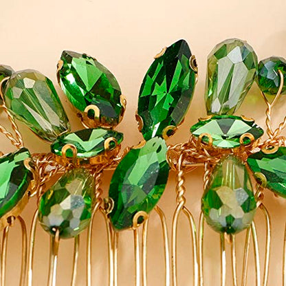 Teyglen Bridal Crystal Hair Comb Green Rhinestone Wedding Hair Side Comb Handmade Hair Accessories for Bride Red Black Blue Hair Pieces Dainty Headpieces for Women Girls (Green) - color: Green