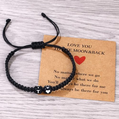 Valentines Day Gifts for Him Her Heart Love Letter Initial Matching Couple Bracelets for Women Men Teen Gifts Best Friend Graduation Birthday Gifts A-Z Braided Bracelet Son Daughter Dad Jewelry - color: Black-T