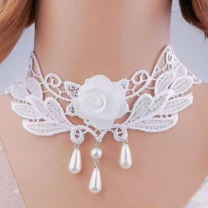 Goth Black Choker Necklace Crystal Bead Pendant Necklace for Women Gothic Velvet Lace Choker Halloween Vampire Witch Cosplay - color: F-White
