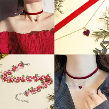 Nova&Aria Chokers Set For Women Heart Choker Necklaces Flower Pendant Velvet Cute Pink Turquoise Blue White Black Choker Necklace Christmas Colorful Lace Chokers - color: Red-A