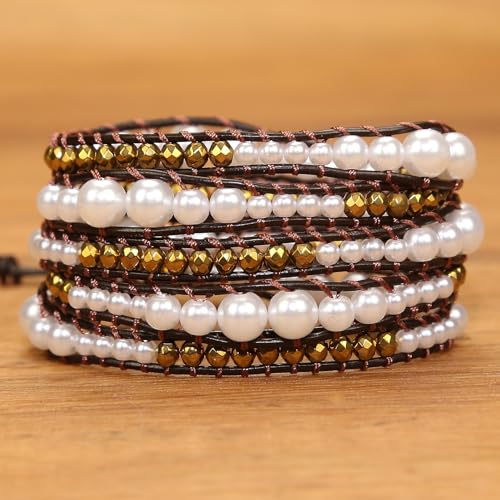 Boho Wrap Bead Bracelet for Women - Handmade Adjustable Natural Stone Beaded Bracelets Yoga Healing Bracelet Bangle Hippie Jewelry - color: Imitation Pearl