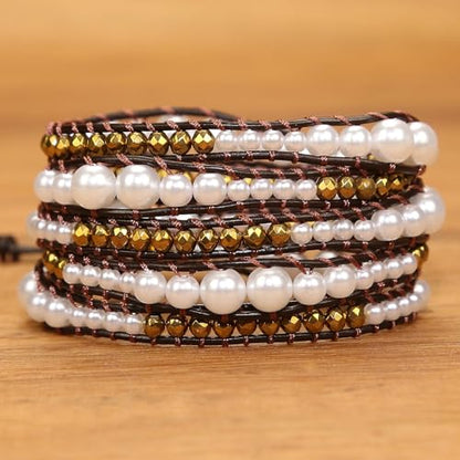 Boho Wrap Bead Bracelet for Women - Handmade Adjustable Natural Stone Beaded Bracelets Yoga Healing Bracelet Bangle Hippie Jewelry - color: Imitation Pearl