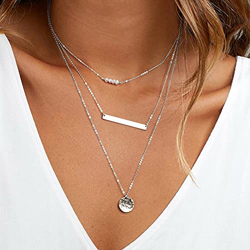 Turandoss Dainty Layered Choker Necklace, Handmade Y Pendant Necklace Multilayer Bar Disc Necklace Adjustable Layering Choker Necklaces for Women - style: 3PCS Silver - simulated Pearls&Bar&Hammered Disc