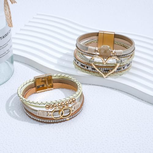 NEWITIN 2 Pieces Leather Wrap Bracelets for Women Leather Cuff Bangle Bracelets Boho Multi-Layer Bracelet Crystal Beads Bracelet for Women - color: Khaki