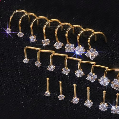14k Gold Plated 316L Surgical Steel 22g/20g/18g Nose Rings Studs L-Shape Bone Screw Nostril Piercing 1.5mm 2mm 2.5mm 3mm 3.5mm 4.5mm CZ Nose Studs for Women - color: 18g 8pcs S Gold 316L Surgical Steel