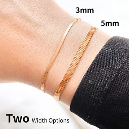 ChainsHouse Stainless Steel Herringbone Flat Chain Bracelets for Women,18K Gold/Rose Gold/Black Metal Paperclip/Snake/Cuban/Figaro Sterling Silver Link Charm Bracelet, 16+5cm Adjustable, With Gift Box - color: h. herringbone-rose gold-3mm