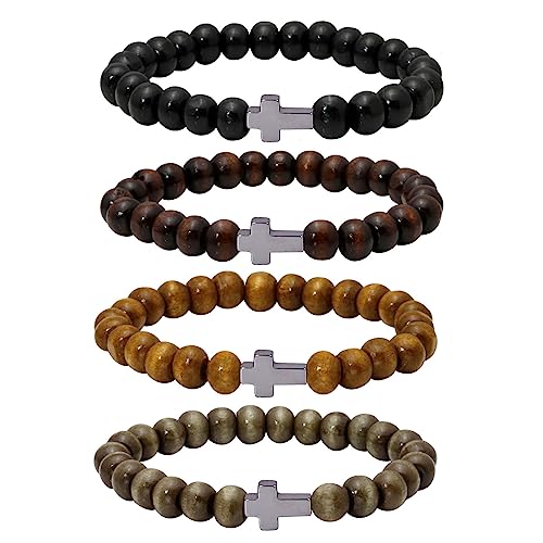 Eigso 6-8mm Wood Beads Bracelet Prayer Beads for Meditation Buddha Tibetan Bracelet for Men and Women - color: A1: 4PCS 8MM Black Cross