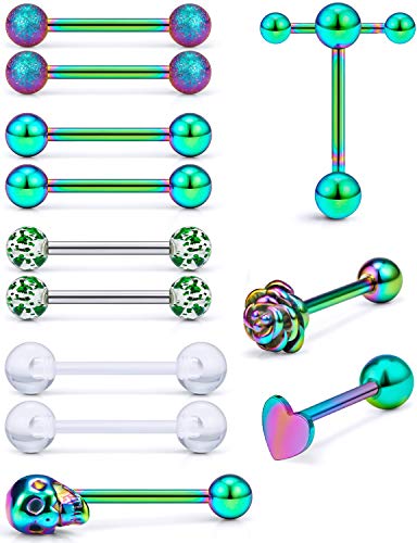 Prjndjw Jewelry, 5/8in(16mm) L, 14G Tongue Piercing Barbells Multicolor Surgical Stainless Steel Long Nipple Piercing Barbells Body Jewelry for Women - color: Rainbow