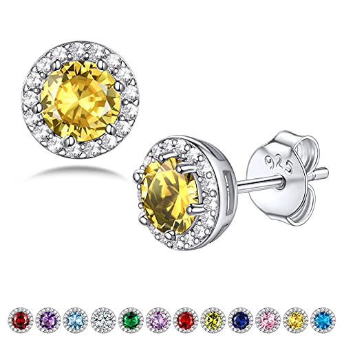 Bestyle Sparkling 925 Sterling Silver Birthstone Stud Earrings for Women, Heart/Round/Teardrop/Square Solitaire Diamond Studs Earrings, Great Birthday/Christmas Gifts - style: 11. Yellow Topaz-Nov.-round