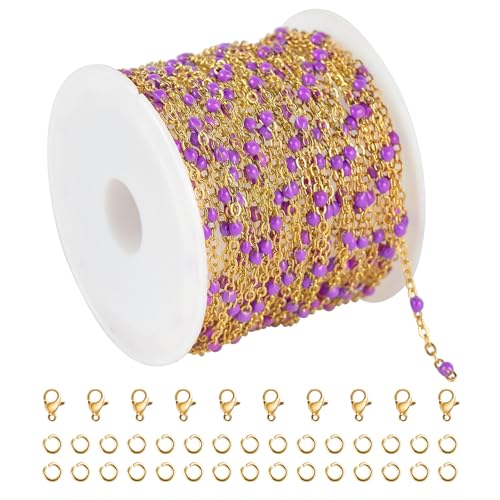 KYUNHOO 5 Meters Gold Stainless Steel Chains for Jewelry Making with Clasps | Purple Enamel Beaded Chain Roll Necklace Bracelet Making Supplies Small Gold Cable Chain Link - color: Gold-Purple-2mm