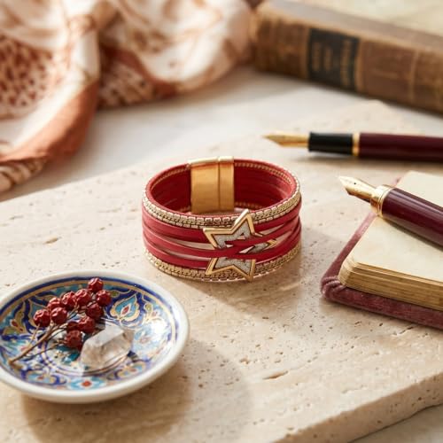 Leather Wrap Bracelets for Women Boho Layered Cuff Bracelets Bling Bohemian Jewelry - color: Burgundy