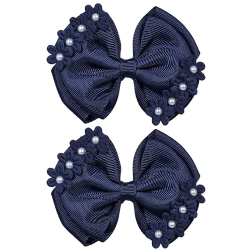 4" Navy Blue Flower Hair Bows for Girls Pearl Bowknot Hair Clips Floral Ribbon Alligator Barrettes Toddler Teen Kids Women Wedding Pageant Communion Party Dress Decor Accessory - color: Navy Blue