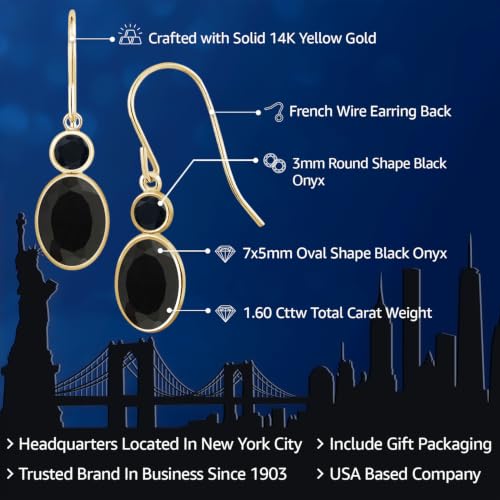 Gem Stone King 14K Yellow Gold Black Onyx Dangle Earrings For Women | 1.60 Cttw | Gemstone Birthstone | Oval 7X5MM | Round 3MM | Hook French Fish Ear Wire Fine Jewelry Gift for Women Mom Wife Her