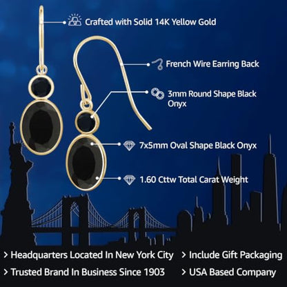 Gem Stone King 14K Yellow Gold Black Onyx Dangle Earrings For Women | 1.60 Cttw | Gemstone Birthstone | Oval 7X5MM | Round 3MM | Hook French Fish Ear Wire Fine Jewelry Gift for Women Mom Wife Her