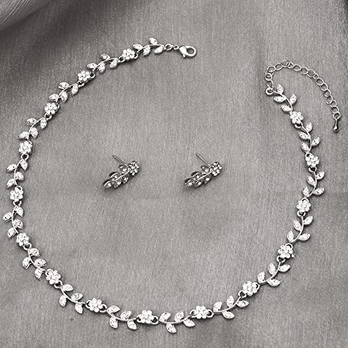 Austrian Crystal Rhinestone Choker Necklace Dangle Earring Link Bracelet Jewelry Set for Brides Bridesmaid Prom Costume Accessories for Women - color: White-Platinum Plated