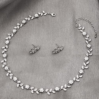 Austrian Crystal Rhinestone Choker Necklace Dangle Earring Link Bracelet Jewelry Set for Brides Bridesmaid Prom Costume Accessories for Women - color: White-Platinum Plated