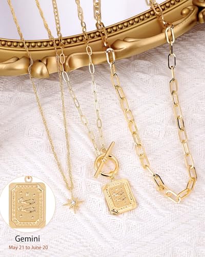 MJartoria Layered Necklaces for Women, 14K Gold Plated Brass | Star Choker, Square Birth Flower, Paperclip Chain, Trendy - color: Gold, style: ZZ-Gemini