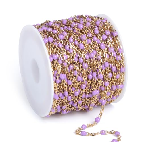 33FT 2mm Gold Cable Chains Purple Enamel Chain Bulk Roll for Jewelry Making | 18K Gold PVD Plated Stainless Steel Enamel Beaded Chains Roll for Necklace Bracelet - color: Gold Purple Beads