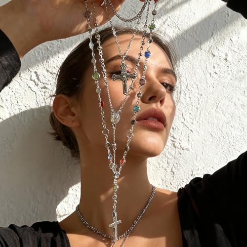 Silvery Layered Necklace for Women, Y Necklace with Cross Pendant, Dainty Stackable Jewelry Gift for Everyday Wear - style: 4PCS - Stainless Steel - Cuban Chain&Cross&Cross Y Chain&Colorful Chain