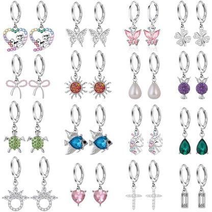 16 Pairs Hypoallergenic Silver Small Hoop Dangle Earrings Set for Girls | Cute Heart Cat Butterfly Pearl Bow Huggie Hoop Dangle Earrings for Women Little Girls Kids Jewelry Gift