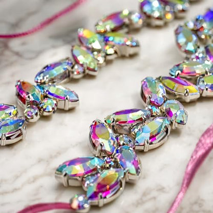 Rhinestone Chain Trim 1 Yard Sew-On Crystal for Wedding Bridal | 90cm long, 1.5cm wide marquise AB crystal bling chain with craft scissors for bridal dress veil cake DIY - color: Rainbow