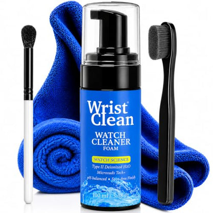 Royal Watch Cleaning Kit | (1x) Watch Cleaner Foam 100ML, (1x) Large Drying Towel, (2x) Non-scratch Brushes, (1x) Microfiber Pouch | USA Made (5 piece Set) | Science Formulation for Gentle Care | Special in-house Formulation for Reducing Scratches During