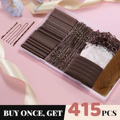 IKOCO 415pcs Bobby Pins Set, U Pins with Hair Ties and Hair Net, Brown | Strong Hold, Snag-Free, No Damage, Smooth Edges, Dance Competition & Ballet Ready, Ideal for Updos, Bun & Daily Styling - color: Brown