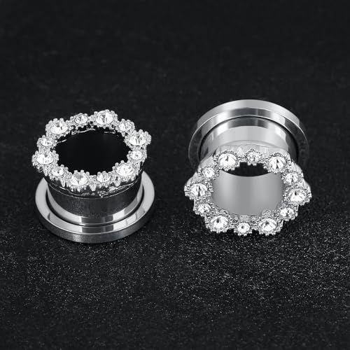 Tunnels Gauges, 2PCS Stainless Steel Tunnel Set Hollow Flower with Round Cubic Zirconia Screw Back Ear Gauges Plugs Tunnels 2G - 5/8 inch Ear Piercing Jewelry - color: Silver, size: 00G(10mm)