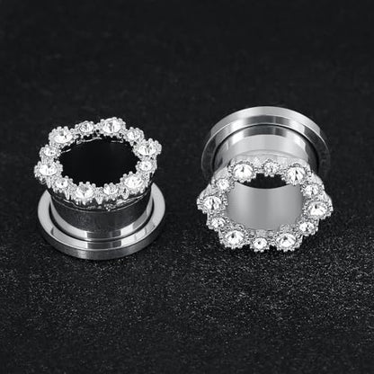 Tunnels Gauges, 2PCS Stainless Steel Tunnel Set Hollow Flower with Round Cubic Zirconia Screw Back Ear Gauges Plugs Tunnels 2G - 5/8 inch Ear Piercing Jewelry - color: Silver, size: 00G(10mm)
